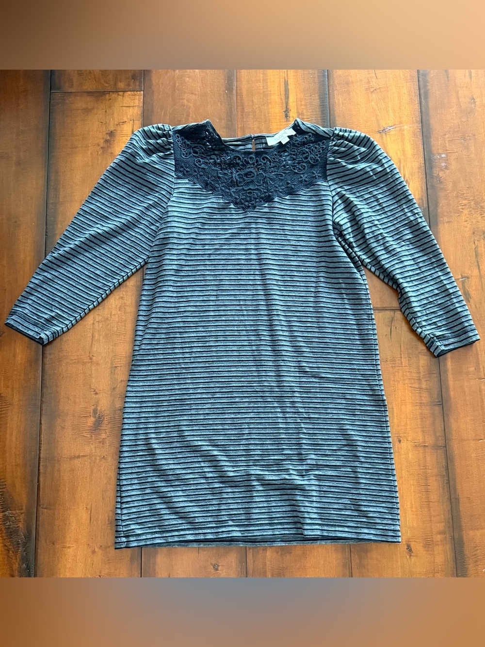LOFT Black and Gray Striped Mini Dress with Lace Yoke